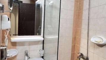 Shower, rainfall showerhead, hair dryer, slippers