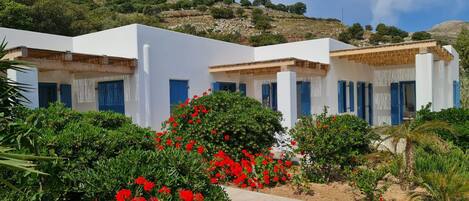 Un edificio blanco con contraventanas azules, rodeado de flores rojas y follaje verde.