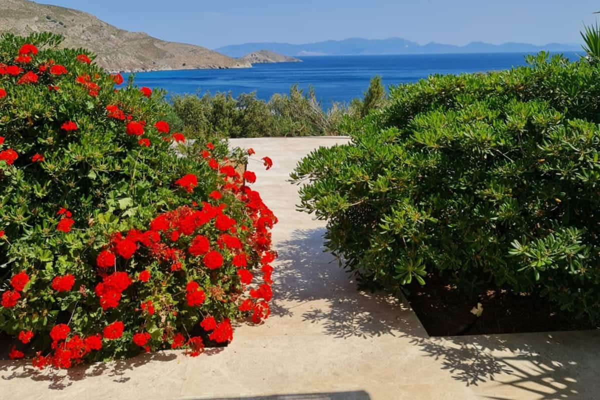 Un sendero conduce a una vista panorámica del mar, adornado con flores rojas y arbustos verdes.