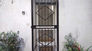 Une porte en métal noir ornée de motifs en forme de losange, un mur blanc et quelques plantes.