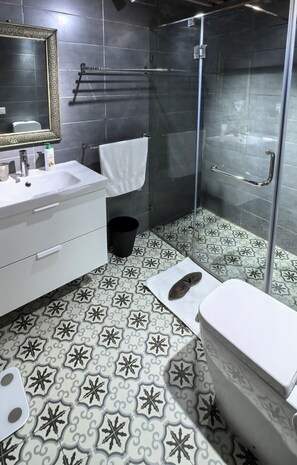 Shower, hair dryer, towels, soap
