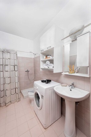 Shower, hair dryer, towels