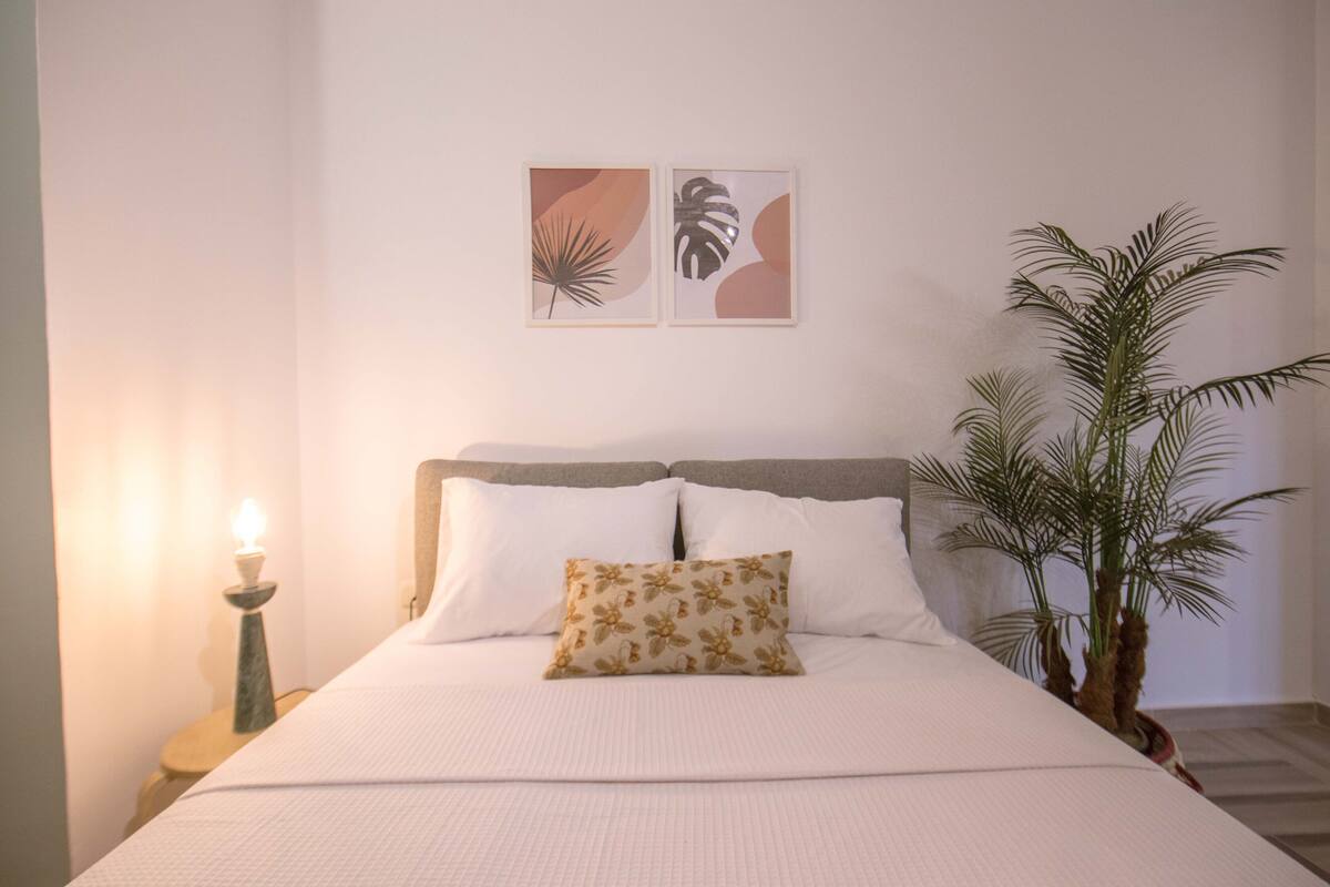 Un lit bien fait, avec du linge de lit blanc et un coussin à motifs floraux, une lampe de chevet et une plante en pot sur le côté droit.