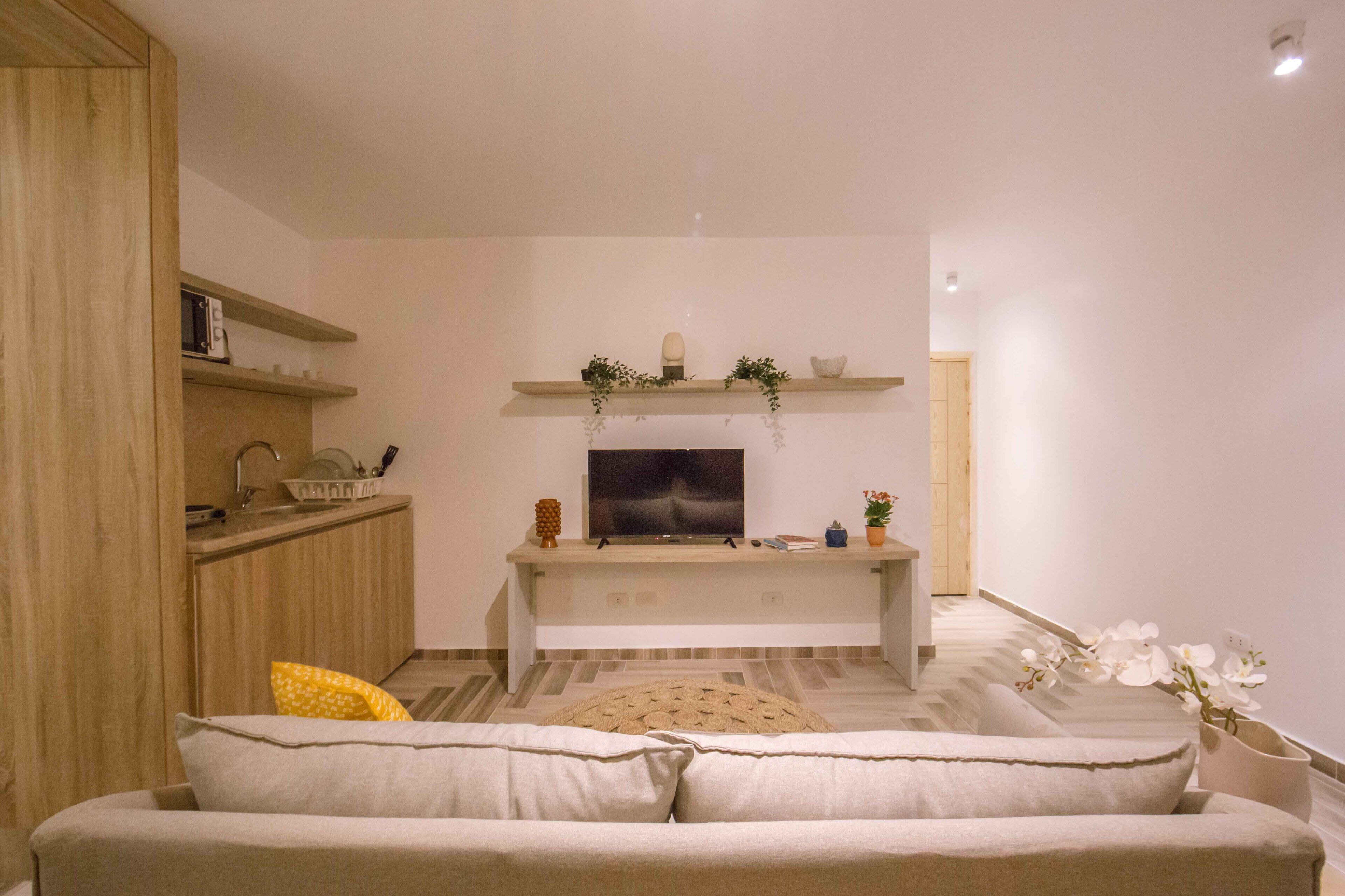 Una sala de estar moderna con sofá, televisor y una cocina con microondas y lavamanos.