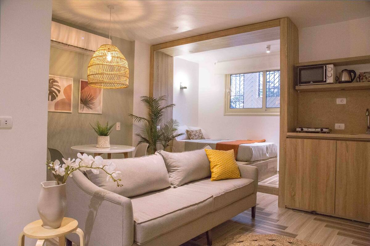 Un salon moderne avec un canapé, une petite table sur laquelle est posée une plante, et un luminaire suspendu.