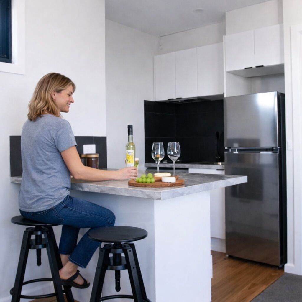 A modern kitchen with a central island, stainless steel appliances, and a person seated at the island.