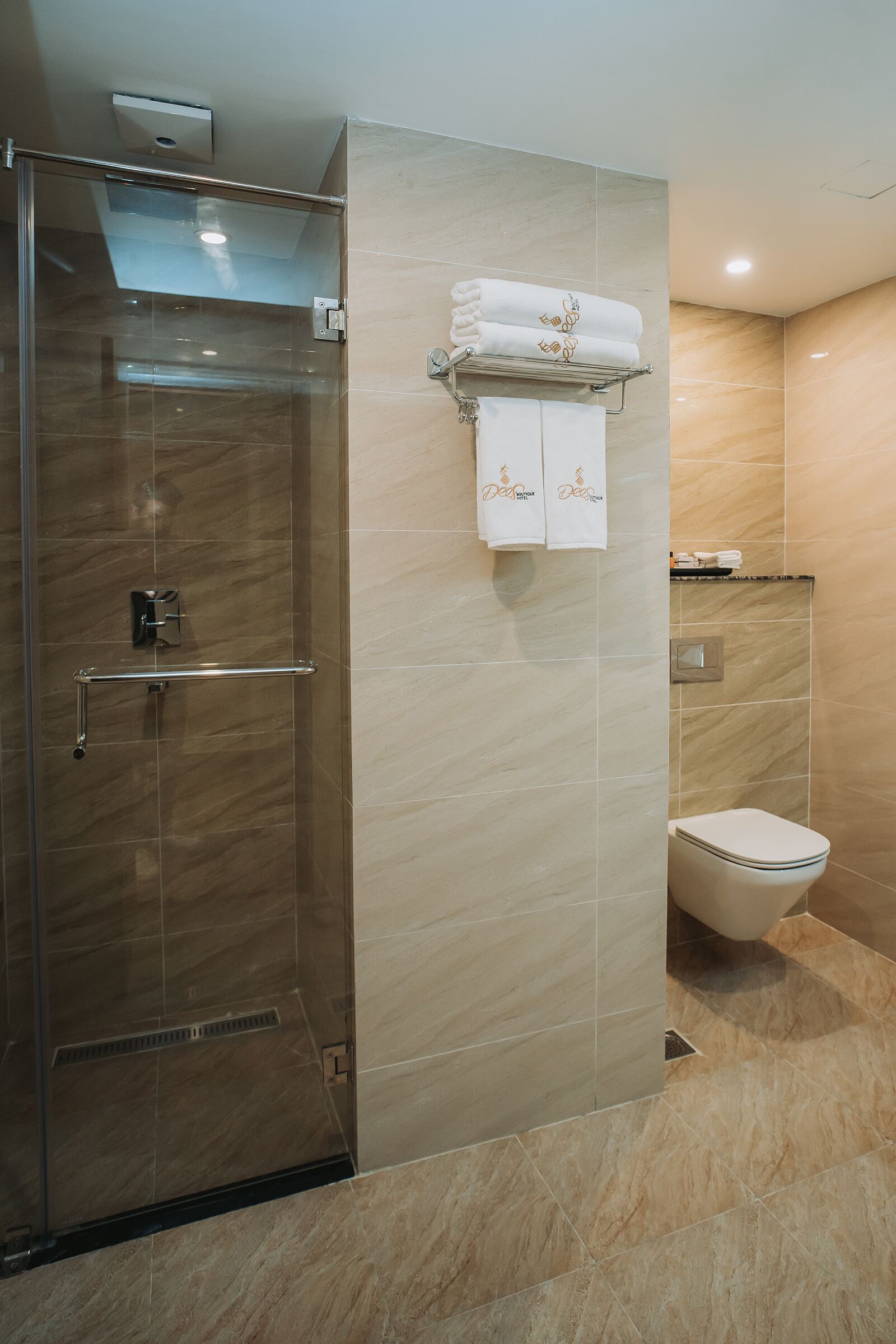 Une salle de bain moderne avec une douche à parois de verre, des toilettes et un porte-serviettes où sont soigneusement pliées les serviettes.