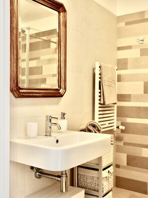 Shower, hair dryer, towels