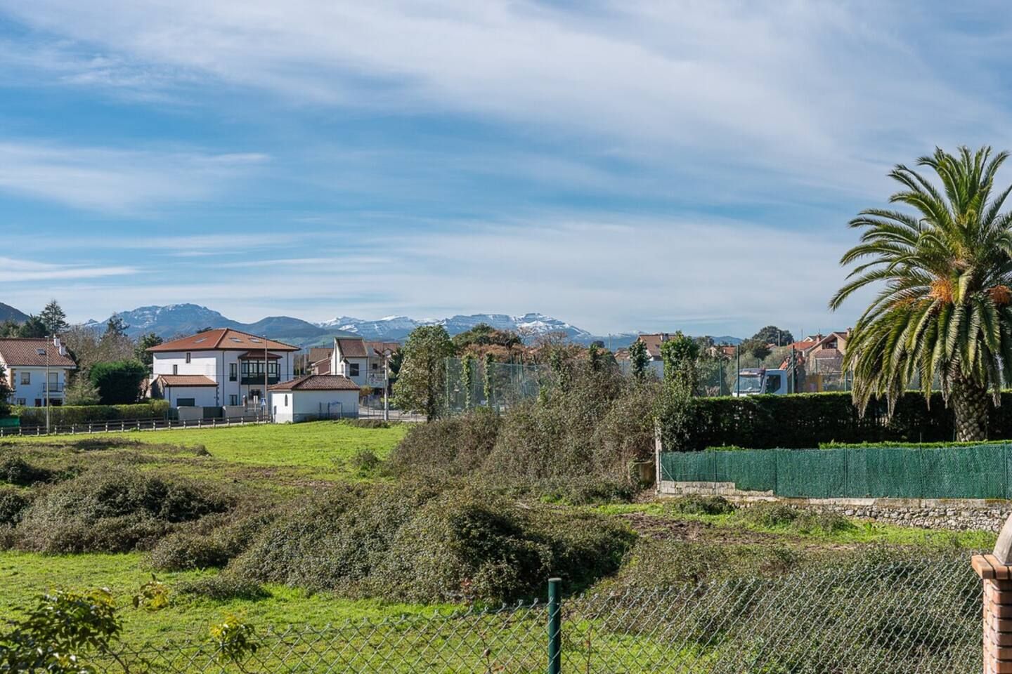 Un barrio residencial con casas, una palmera y montañas al fondo.