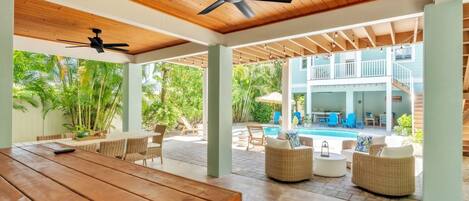 A covered outdoor area with a pool, wicker furniture, and ceiling fans.