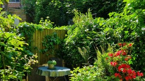 A garden with a table, potted plants, and a wooden fence. - Elegant 2 Bedroom Garden Maisonette near Olympia (London)