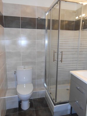 Shower, hair dryer, towels, toilet paper
