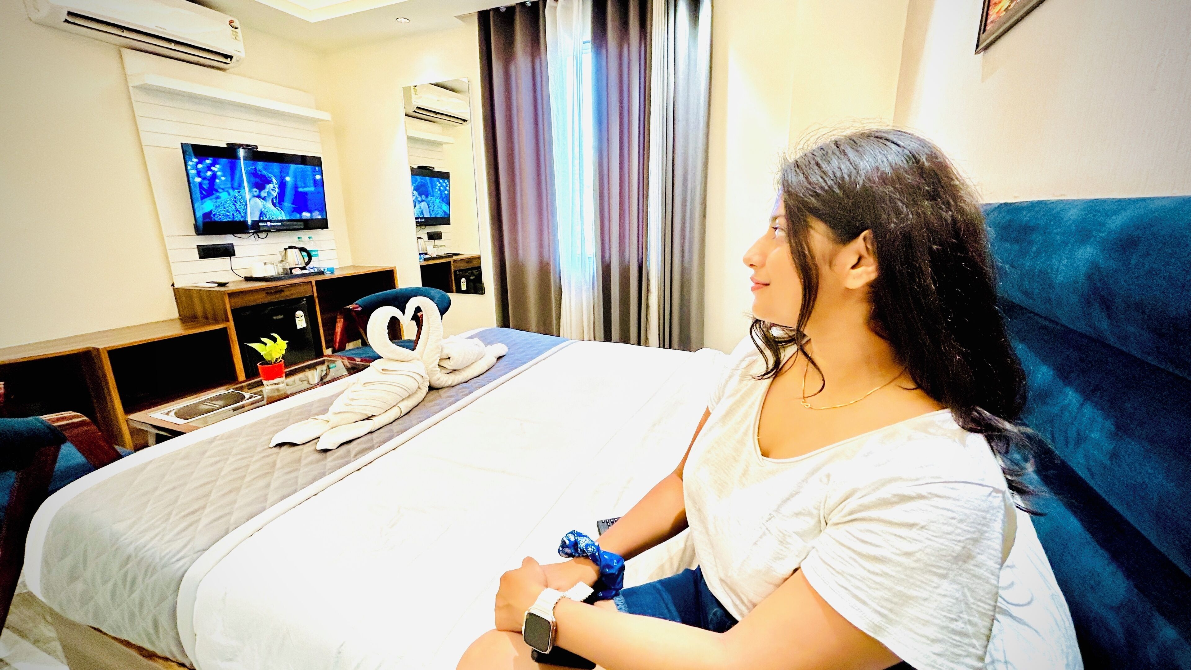 A hotel room with a bed, a TV, and a desk with a computer and a small plant.