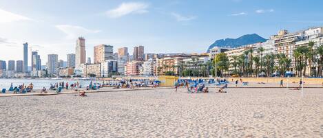 Une plage où des gens se prélassent au soleil et se baignent, avec une vue sur les gratte-ciel de la ville en arrière-plan, et des palmiers bordant la côte.