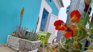 A small outdoor area with a planter containing various plants, a green chair, and a white door with blue trim.