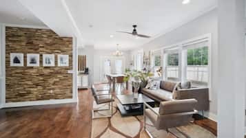 Smart TV, fireplace, books