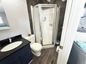 Shower, towels, soap, shampoo