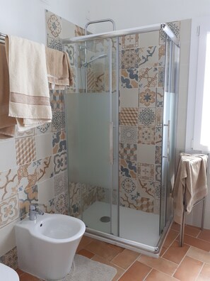 Regadera, secadora de cabello, bidet, toallas