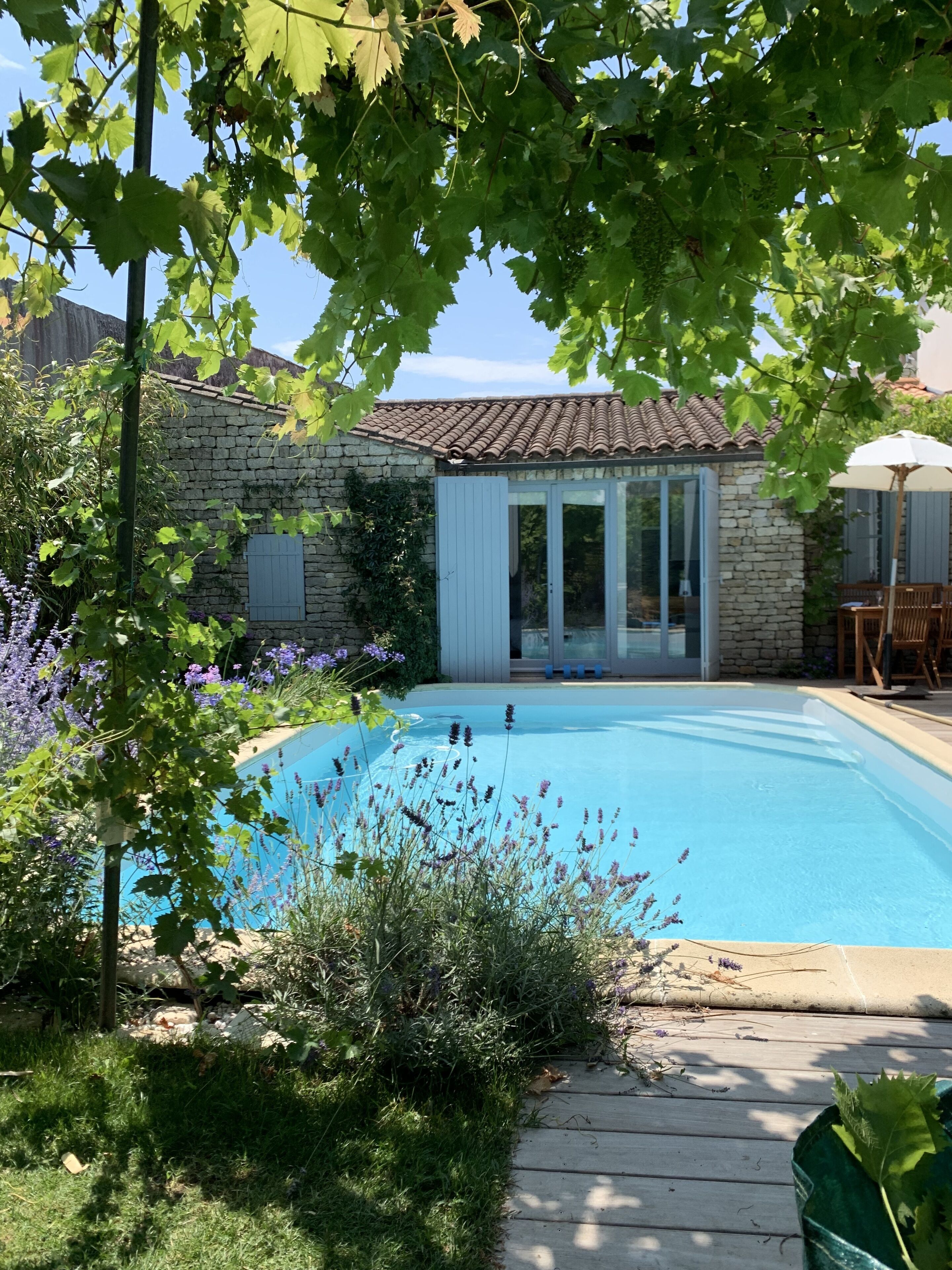 Une piscine entourée de verdure, un bâtiment en pierre avec un toit en tuiles et une entrée avec une porte en verre.