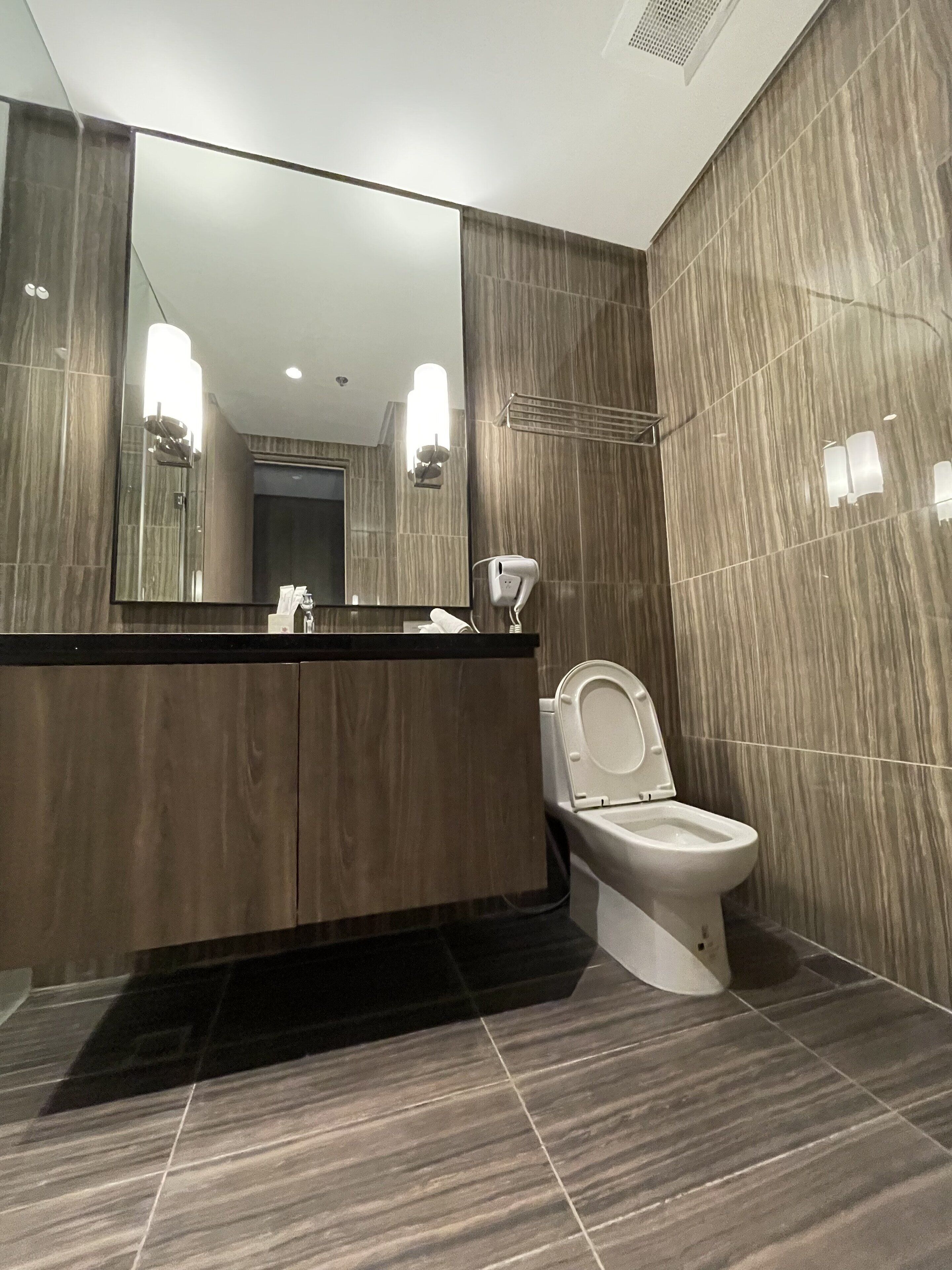 A modern bathroom with a large mirror, a toilet, and a hairdryer on the wall.