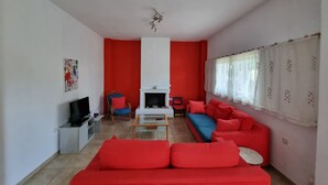 Una sala de estar con un sofá rojo, un sofá azul, un televisor, una chimenea y una ventana con cortinas.