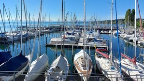 A marina with multiple boats docked, clear skies, and calm water.