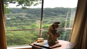 A statue on a wooden table by a window with a view of a forested landscape. - Mt. Joy...Zenfully refreshing! (Canyon Lake)