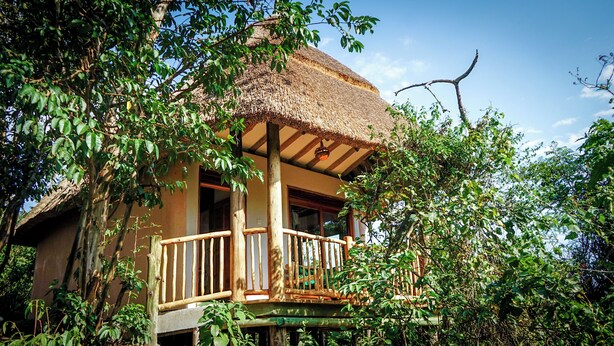 A thatched-roof bungalow with a wooden balcony, surrounded by lush greenery. - Lake Nkuruba Nature Reserve (Fort Portal)