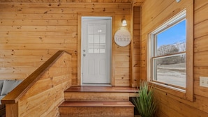 A wooden interior with a white door, a staircase, a potted plant, and a window. - 5 Min to Lamoine State Park & Lamoine Beach (Lamoine)