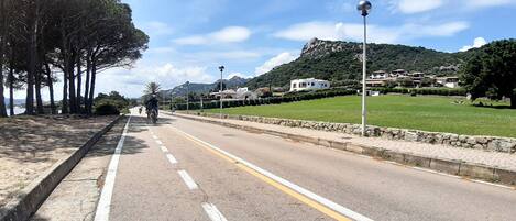 A paved road with a sidewalk, trees, and a grassy area with a mountain in the background.