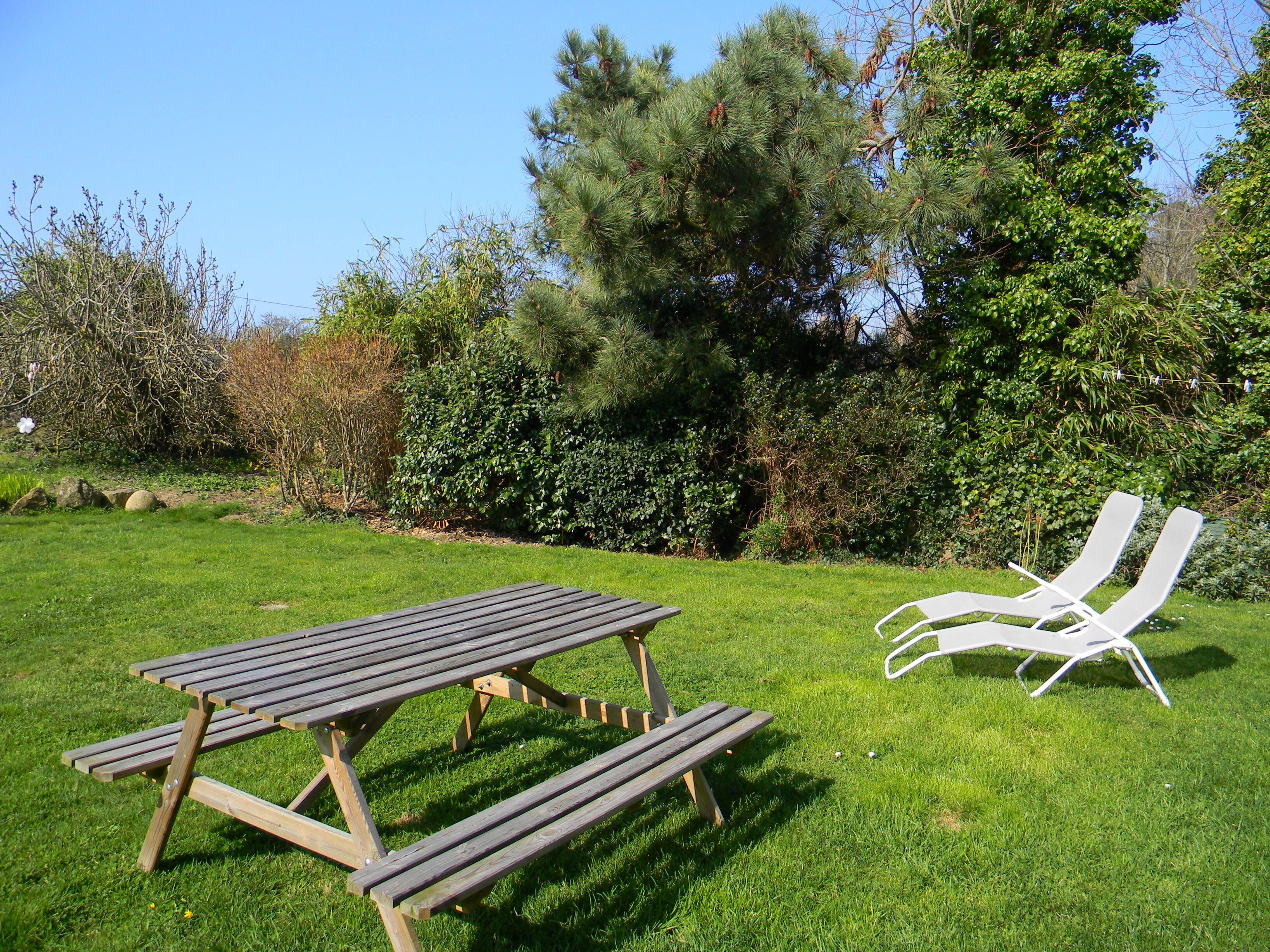 Ein Picknicktisch und zwei Loungestühle in einem grünen Garten mit dichtem Grün und Bäumen im Hintergrund.