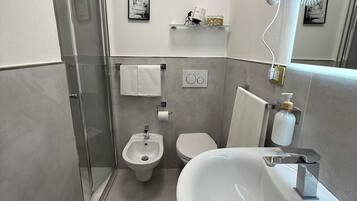 Family Room | Bathroom | Shower, rainfall showerhead, hair dryer, bidet