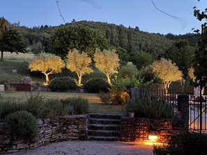 A landscaped garden with illuminated trees and a stone wall. - Beautiful Bastide in Provence with swimming pool, tennis court, and jacuzzi (CERESTE EN LUBERON)