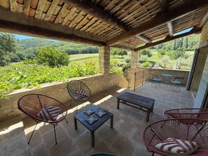 Outdoor dining - Beautiful Bastide in Provence with swimming pool, tennis court, and jacuzzi (CERESTE EN LUBERON)