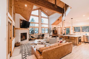 Smart TV, fireplace, books