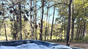 A hot tub surrounded by trees. - Cowtown at Piney River Ranch; Charming Farm House in Houston, MO (Houston)