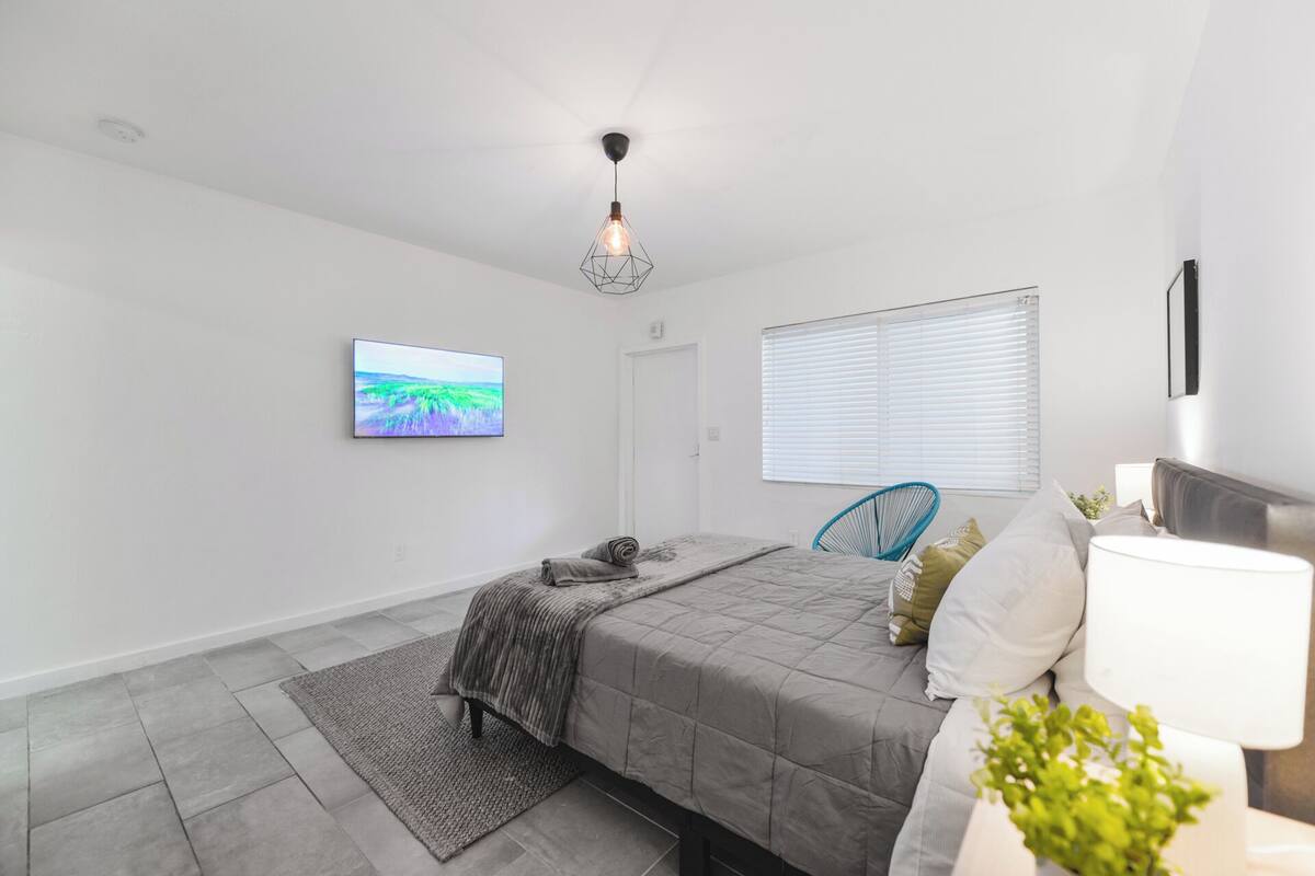 A modern bedroom with a bed, a rug, a chair, a TV, and a window with blinds.