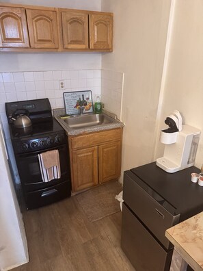 Fridge, oven, stovetop, coffee/tea maker