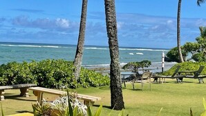 Ein tropisches Resort mit Palmen, Blick auf den Strand und Liegestühlen.