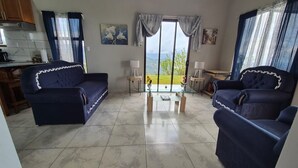 A living room with two dark blue sofas, a glass coffee table, and a view of greenery through large windows. - A single-family home w/ a serene view. Nonsmoking and pet-friendly environment. (Perez Zeledon)