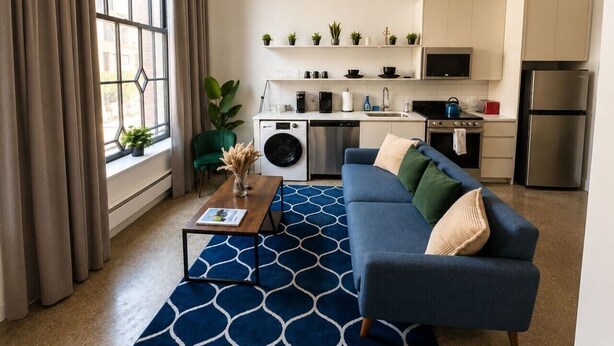 Eine moderne Wohnung mit Wohnzimmer, Küche und einem großen Fenster mit Vorhängen.