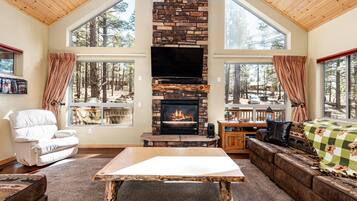 Smart TV, fireplace, video games, DVD player