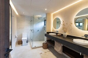 Hair dryer, towels, soap, toilet paper