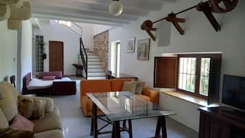 Una Smart TV, una chimenea, libros, un reproductor estéreo