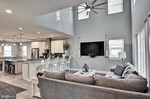 Smart TV, fireplace, video games, DVD player