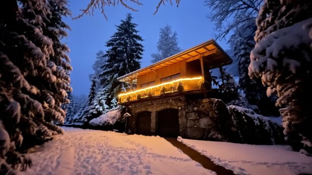 Un paysage enneigé avec une cabane en bois dotée de fondations en pierre et d’un balcon décoré de guirlandes lumineuses.