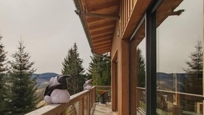Une terrasse en bois avec une rambarde en verre donnant sur un paysage boisé.