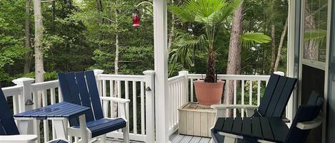 A covered outdoor area with white railings, blue cushioned chairs, and a potted plant.