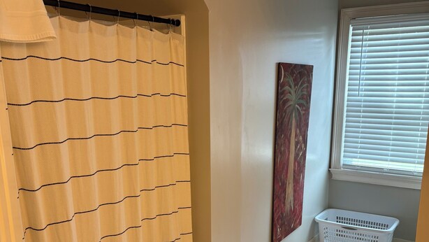 Een badkamer met douchegordijn, een schilderij aan de muur, een wasmand en vloerbedekking met een honingraatpatroon.