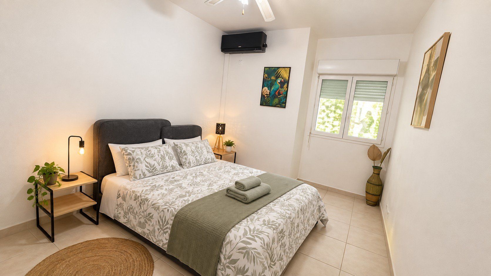 A bedroom with a bed, bedside tables, a nightstand, a window, and a wall-mounted air conditioner.